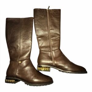 NEW KARL LAGERFELD METAL DETAILED HEEL SEINE Brown LEATHER BOOTS Size 9.5